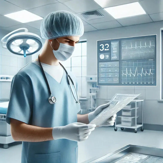 Healthcare professional in antimicrobial scrubs and protective mask reviewing medical charts in a sterile hospital environment, ensuring protection from allergens and illnesses.