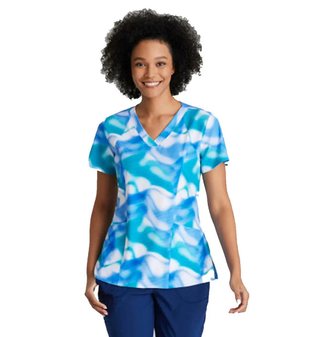 Barco One™ by Barco Thrive 4-Pocket V-Neck Print Scrub Top-Azure Waves
