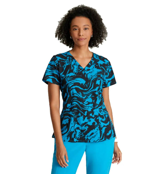 Barco One™ by Barco Thrive 4-Pocket V-Neck Print Scrub Top-Marble Wave
