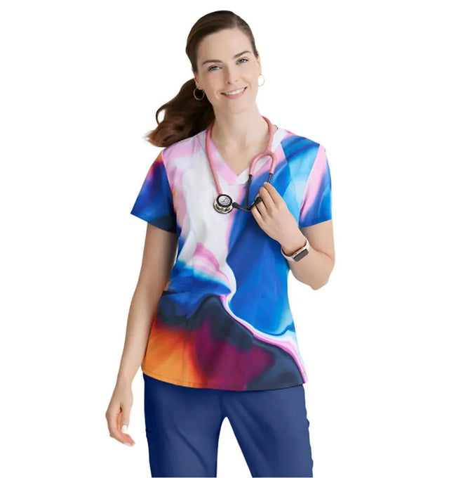 Barco One™ by Barco Thrive 4-Pocket V-Neck Print Scrub Top-Shimmering Skies