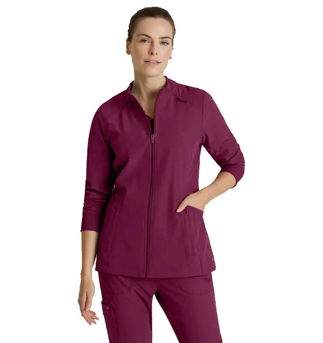 Barco One™ by Barco Venture 4-Pocket Banded Collar Warm-Up Scrub Jacket-Wine
