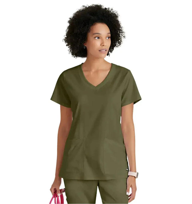 Grey's Anatomy Stretch™ by Barco Serena 3-Pocket Curved V-Neck Scrub Top-Olive
