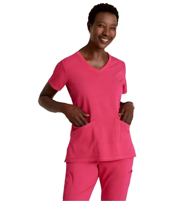 Grey's Anatomy Stretch™ by Barco Serena 3-Pocket Curved V-Neck Scrub Top-Vibrance Pink