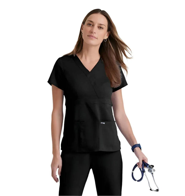 Grey's Anatomy™ by Barco Riley 3-Pocket Mock Wrap V-Neck Scrub Top-Black