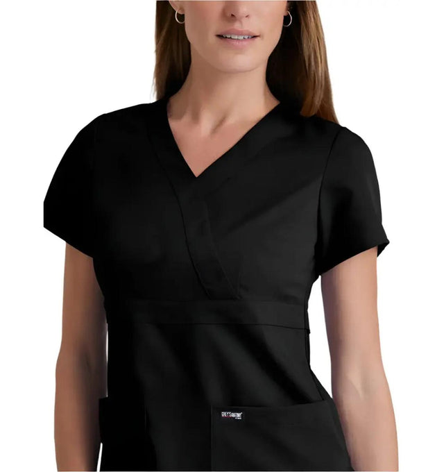 Grey's Anatomy™ by Barco Riley 3-Pocket Mock Wrap V-Neck Scrub Top-Black
