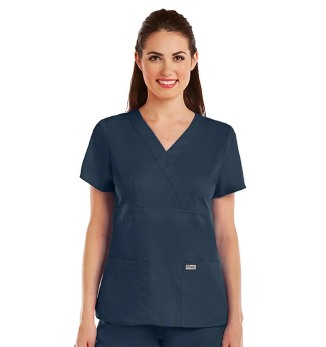 Grey's Anatomy™ by Barco Riley 3-Pocket Mock Wrap V-Neck Scrub Top-Steel