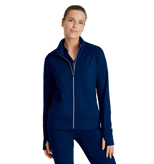 Barco One Performance Knit by Barco Arena Kangaroo Pocket Warm-Up Scrub Jacket - Indigo
