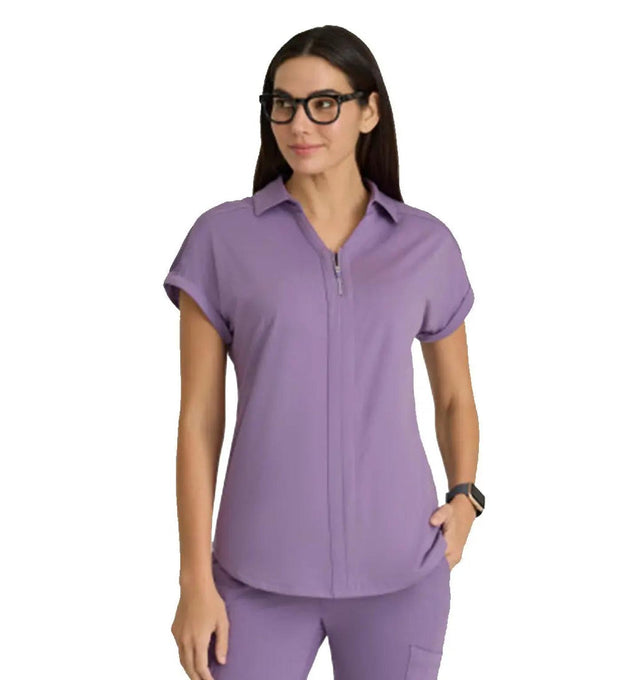 Barco One Performance Knit by Barco Engage Knit 2-Pocket Zip-Neck Dolman Scrub Top - Dusty Lavender