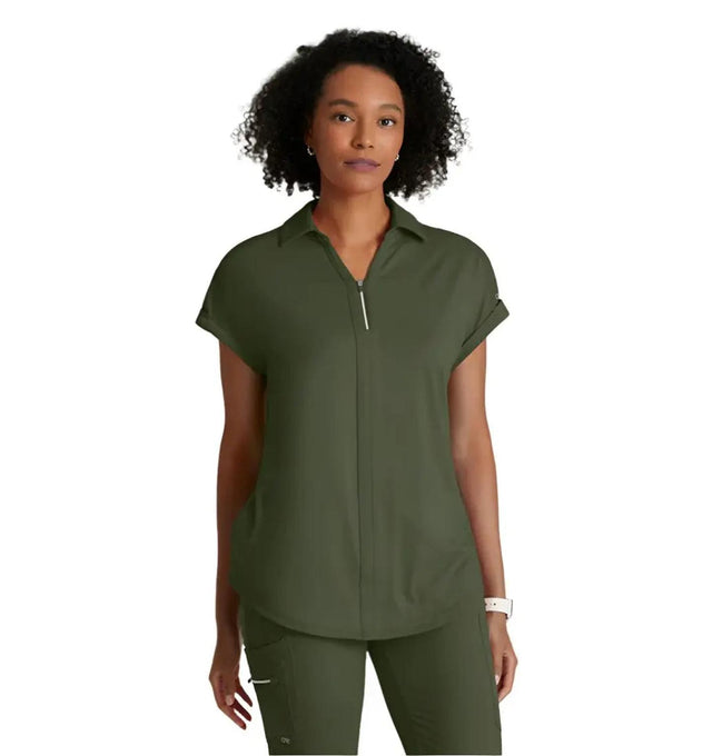 Barco One Performance Knit by Barco Engage Knit 2-Pocket Zip-Neck Dolman Scrub Top - Olive