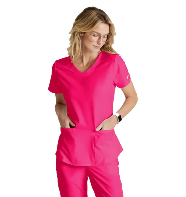 Skechers™ by Barco Breeze 3-Pocket Curve-d VNeck Scrub Top-Vibrance Pink
