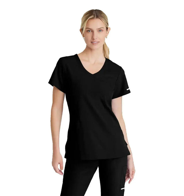 SKECHERS™ by Barco Reliance 3-Pocket Crossover V-Neck Scrub Top-Black