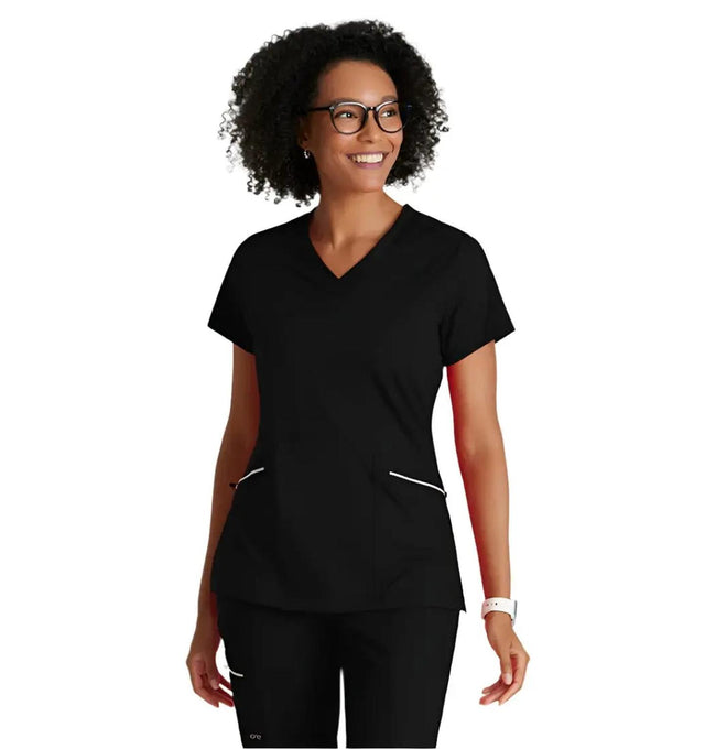 Barco One Performance Knit by Barco Victory Knit 2-Pocket V-Neck Scrub Top - Black
