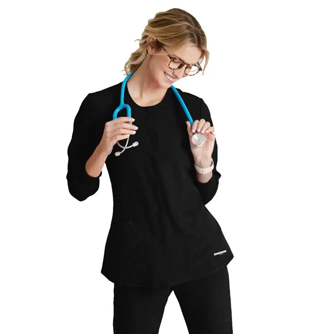 SKECHERS™ by Barco Stabilty 2-Pocket Crewneck Snap-Front Scrub Jacket - Black