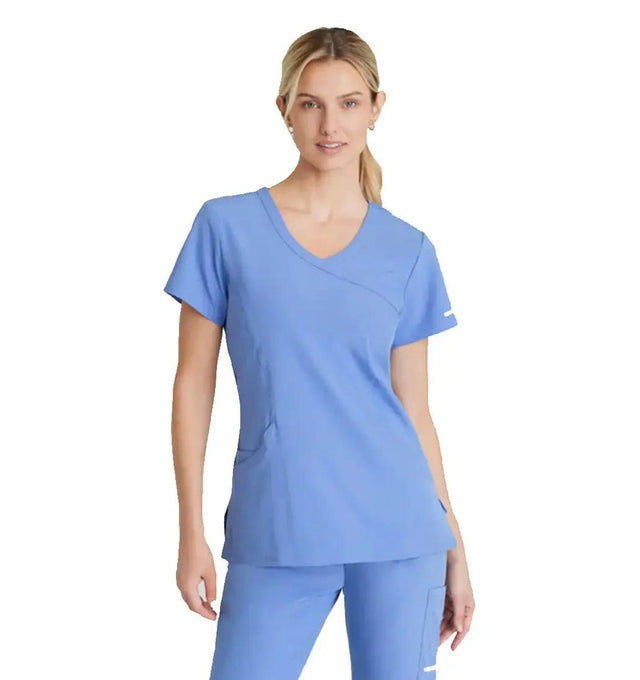 SKECHERS™ by Barco Reliance 3-Pocket Crossover V-Neck Scrub Top-Ciel Blue
