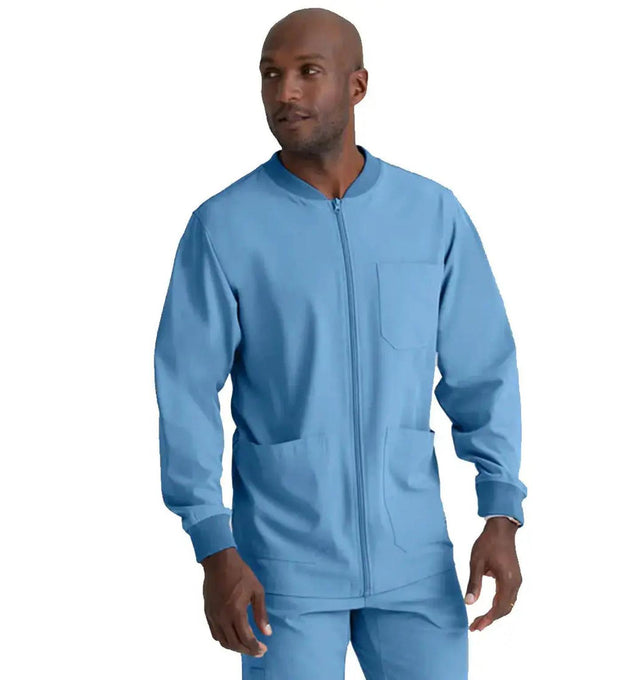 SKECHERS™ by Barco Structure 3-Pocket Crewneck Warmup Scrub Jacket-Ciel Blue