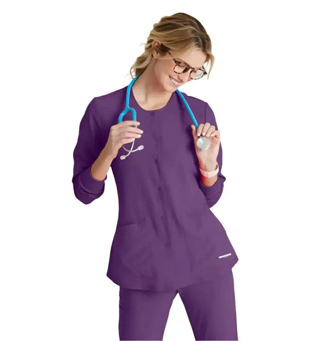 SKECHERS™ by Barco Stabilty 2-Pocket Crewneck Snap-Front Scrub Jacket - Egg Plant