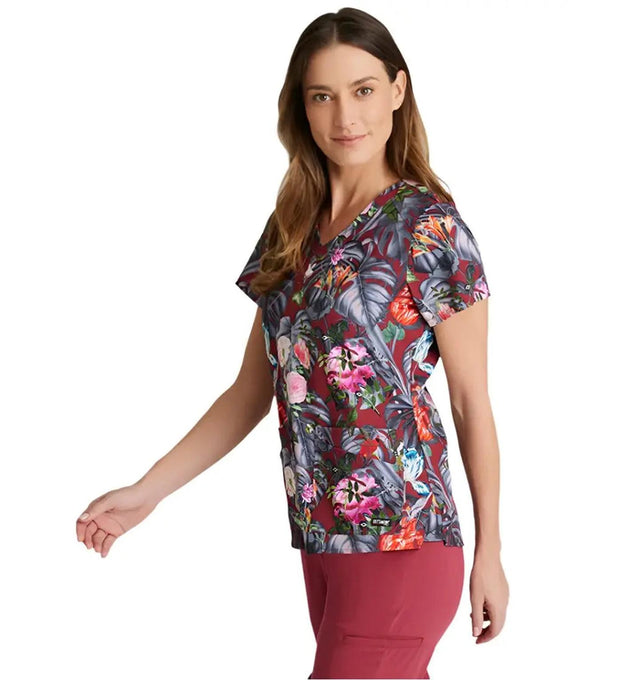 Grey's Anatomy Stretch™ by Barco Ella Print Top 4-Pocket Print Scrub Top-Palm Garden