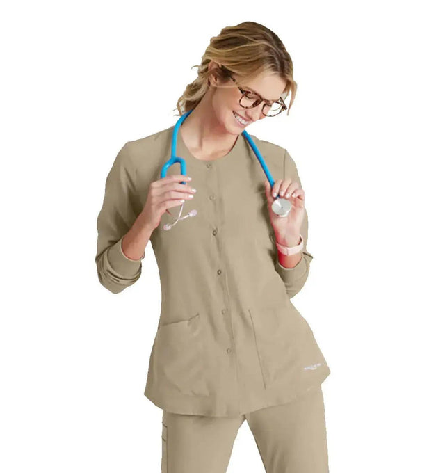 SKECHERS™ by Barco Stabilty 2-Pocket Crewneck Snap-Front Scrub Jacket - New Khaki