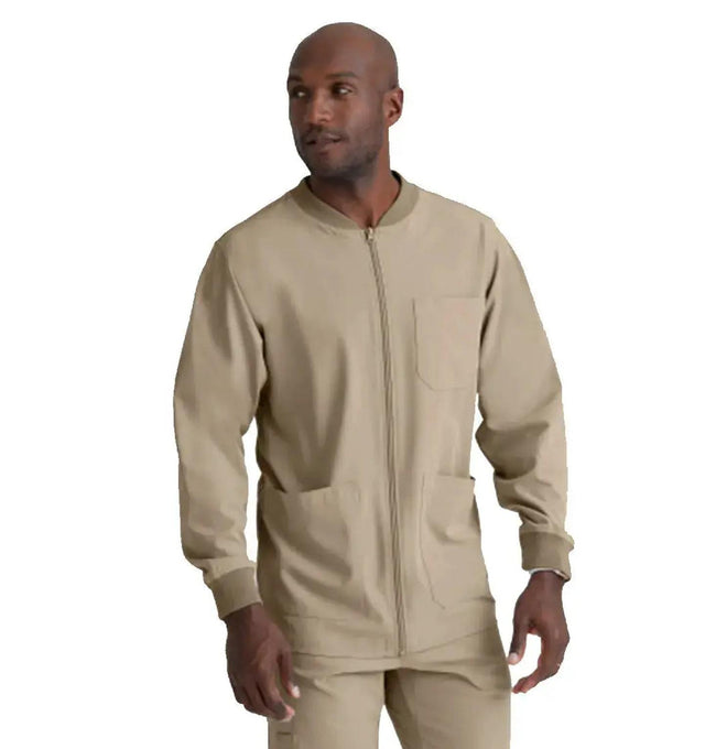 SKECHERS™ by Barco Structure 3-Pocket Crewneck Warmup Scrub Jacket-New Khaki