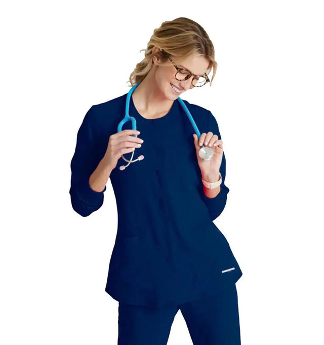 SKECHERS™ by Barco Stabilty 2-Pocket Crewneck Snap-Front Scrub Jacket - Navy