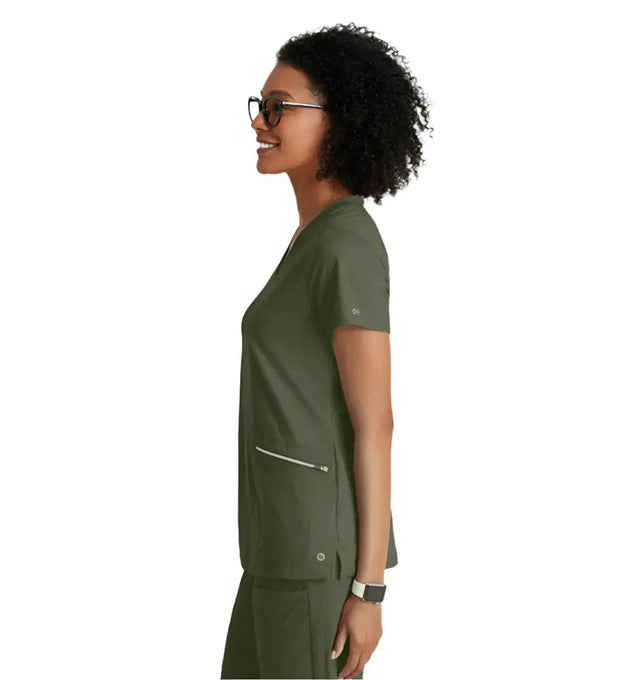 Barco One Performance Knit by Barco Victory Knit 2-Pocket V-Neck Scrub Top - Olive