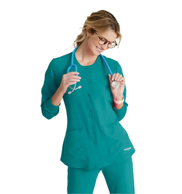 SKECHERS™ by Barco Stabilty 2-Pocket Crewneck Snap-Front Scrub Jacket - Teal