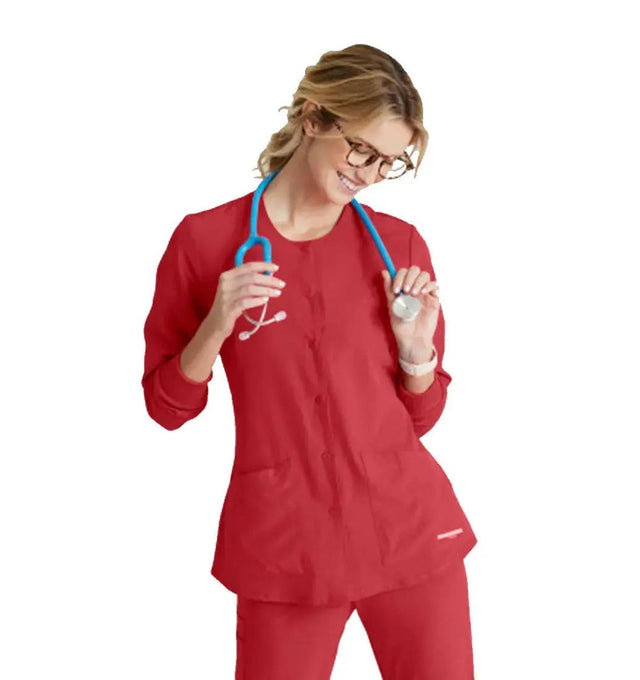 SKECHERS™ by Barco Stabilty 2-Pocket Crewneck Snap-Front Scrub Jacket - True Red