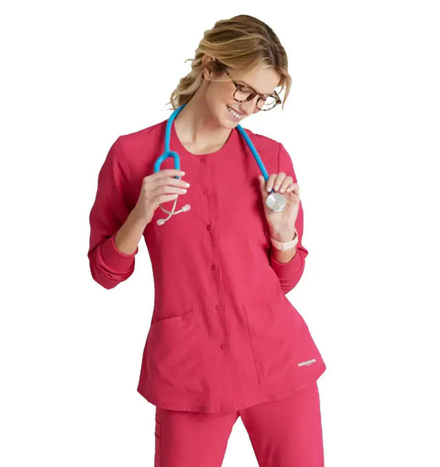 SKECHERS™ by Barco Stabilty 2-Pocket Crewneck Snap-Front Scrub Jacket - Vibrance Pink