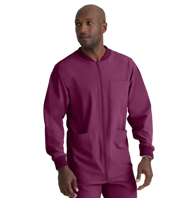 SKECHERS™ by Barco Structure 3-Pocket Crewneck Warmup Scrub Jacket-Wine