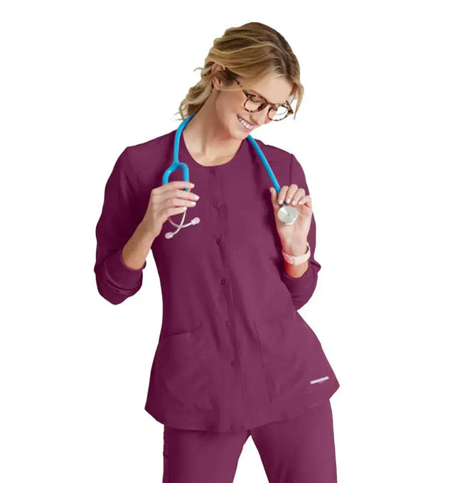SKECHERS™ by Barco Stabilty 2-Pocket Crewneck Snap-Front Scrub Jacket - Wine