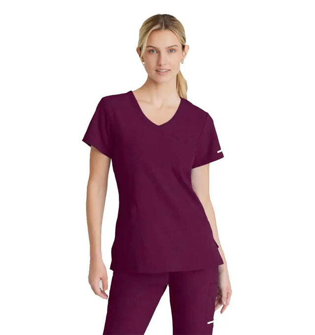 SKECHERS™ by Barco Reliance 3-Pocket Crossover V-Neck Scrub Top-Wine