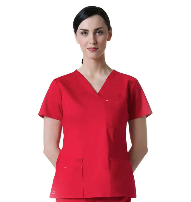 Maevn Women's Blossom 3 Pocket V-Neck Scrub Top Crimson