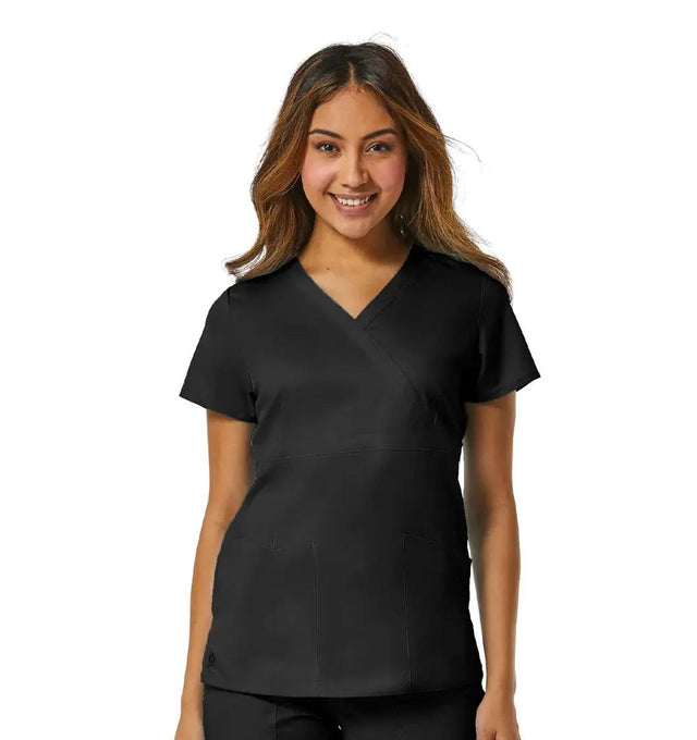 Back Mesh Panel Mock Wrap Top Black
