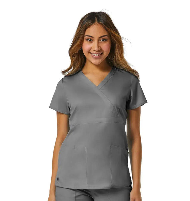 Back Mesh Panel Mock Wrap Top Pewter