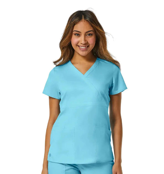 Back Mesh Panel Mock Wrap Top Sky Blue