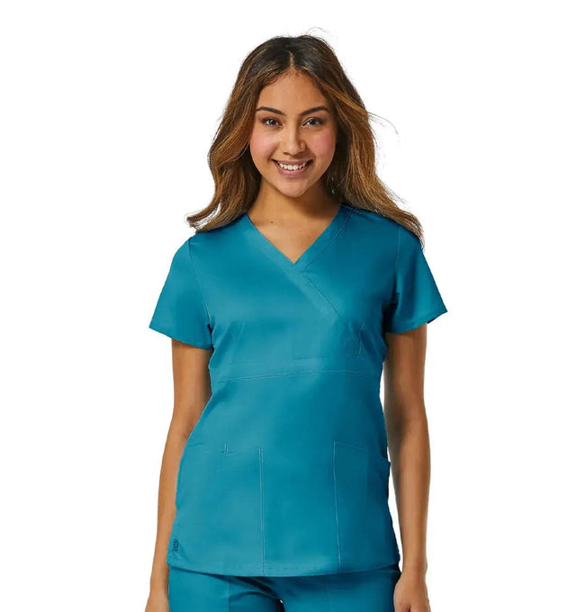 Back Mesh Panel Mock Wrap Top Teal Blue