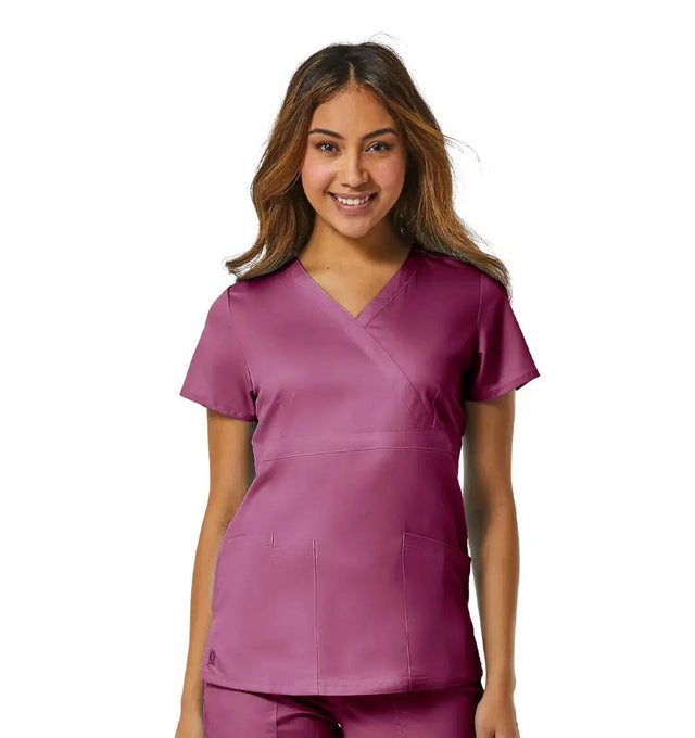 Back Mesh Panel Mock Wrap Top Wine