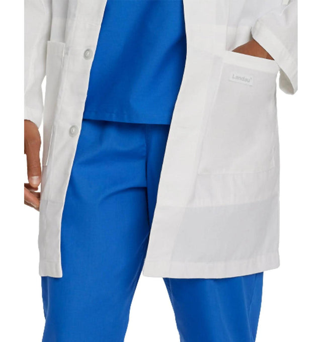 Landau Unisex 3-Pocket Full-Length Lab Coat 3187 -White-Front Closeview