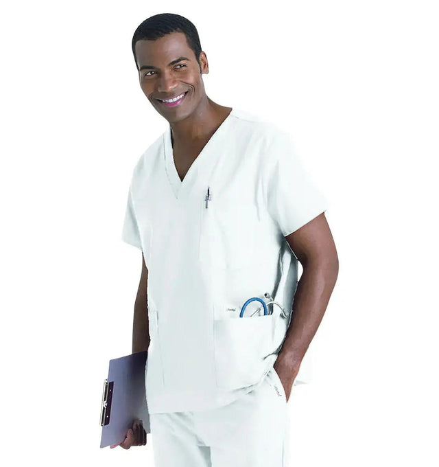 Landau Men's 5-Pocket Scrub Top White Side