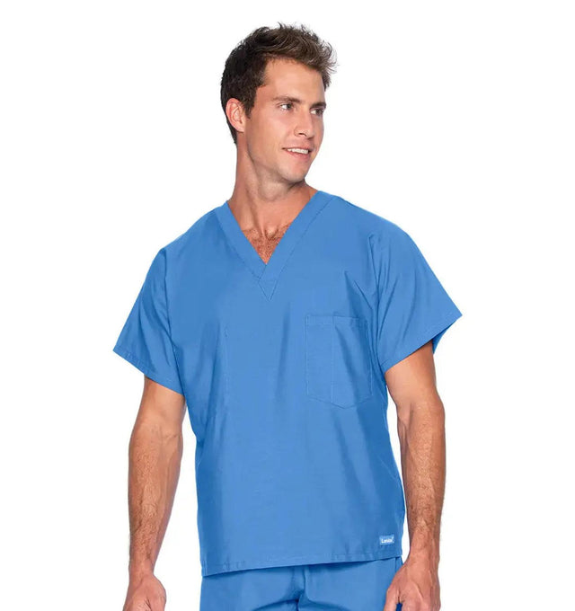 Landau Essentials Unisex 1-Pocket V-Neck Scrub Top 7502 -Ceil Blue-Frontview