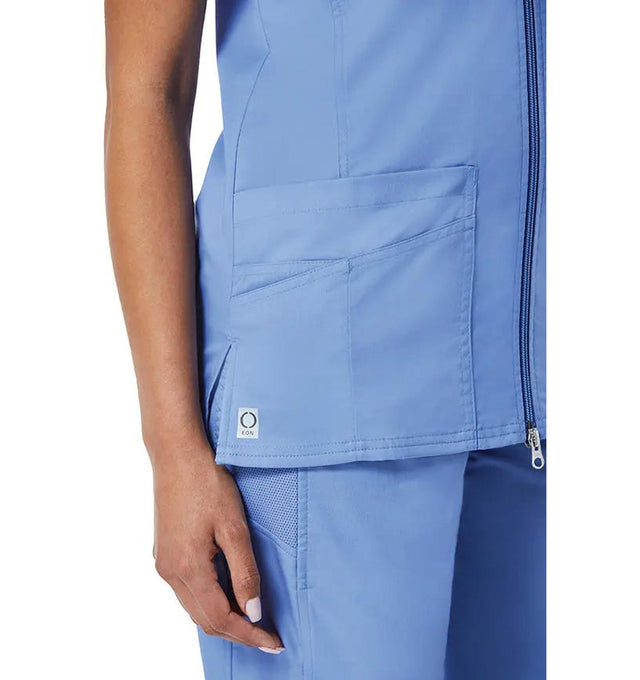 Back Mesh Panel Short Sleeve Zip Front Pocket