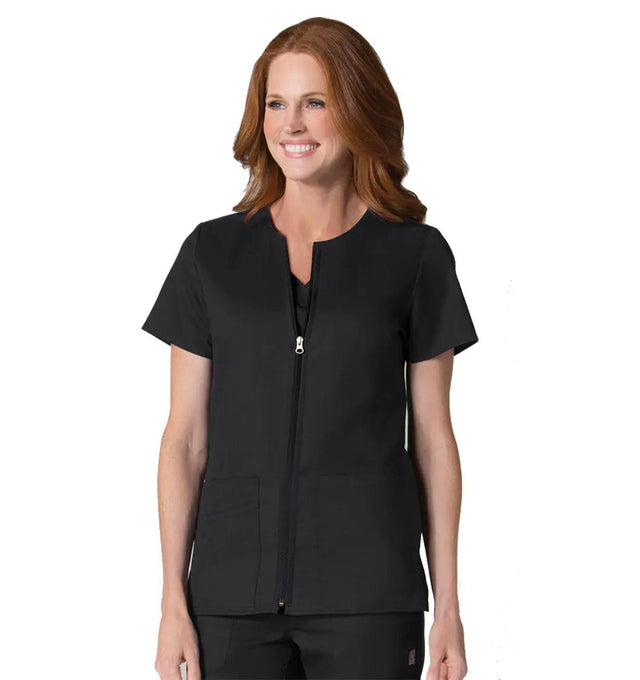 Back Mesh Panel Short Sleeve Zip Front Black