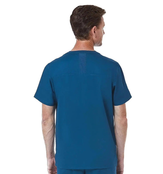 Men back Mesh Panel 3-Pocket V-Neck Top Caribbean Blue Back