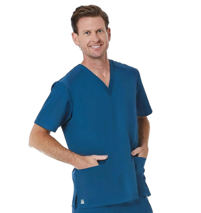 Men back Mesh Panel 3-Pocket V-Neck Top Caribbean Blue Front02