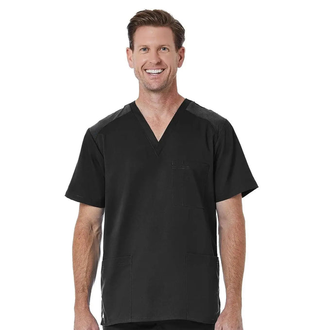 Men back Mesh Panel 3-Pocket V-Neck Top Black Front
