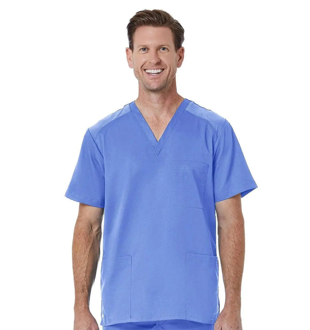 Men back Mesh Panel 3-Pocket V-Neck Top Ceil Blue Front