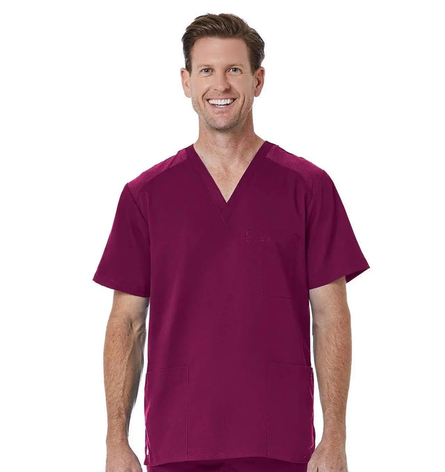 Men back Mesh Panel 3-Pocket V-Neck Top Wine Front