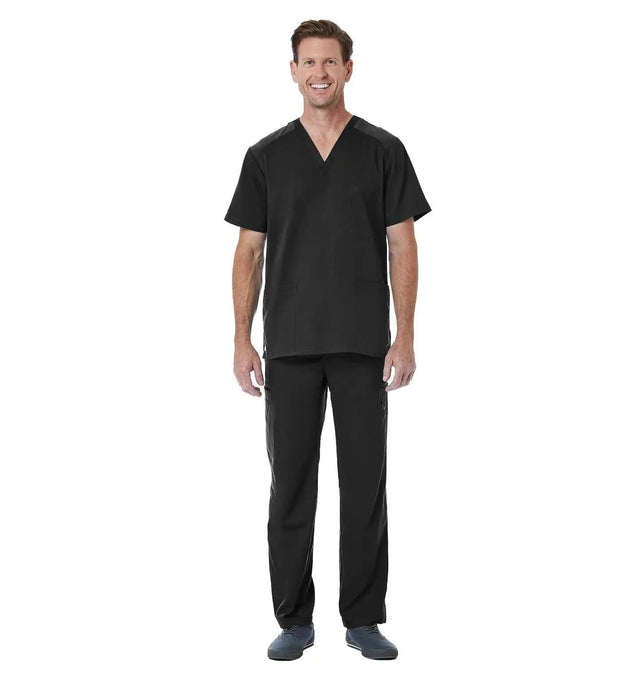 Men back Mesh Panel 3-Pocket V-Neck Top Black Full