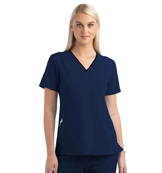 Women's Knitted Panel Mock Wrap Top Navy