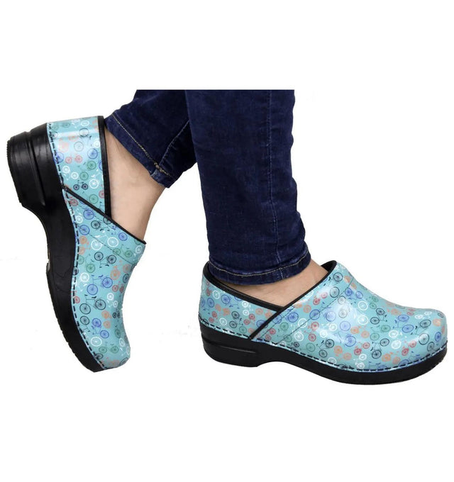 Sanita Auburn Women's Bicycle Print Patent Leather Teal Medical Clog - life style view